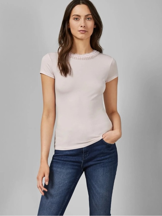 Ted Baker Tops - Ted Baker Light Pink Beaded Ruffle Neck Tee